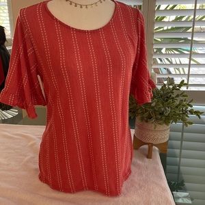 Anthropologie W5 Peach Thin White Stripes Top Bell Ruffle Sleeve sz S shirt EUC